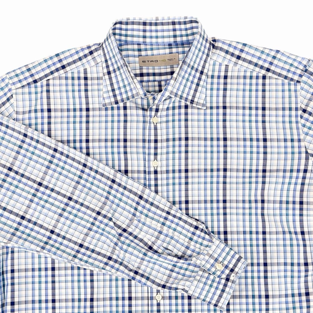 Etro Men's 46 XL Dress Shirt Blue White Plaid Check Long Sleeve Made in Italy